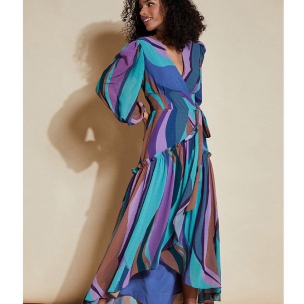 Anthropologie Balloon Sleeve Flowy Maxi Wrap Dress - Picture 6 of 10